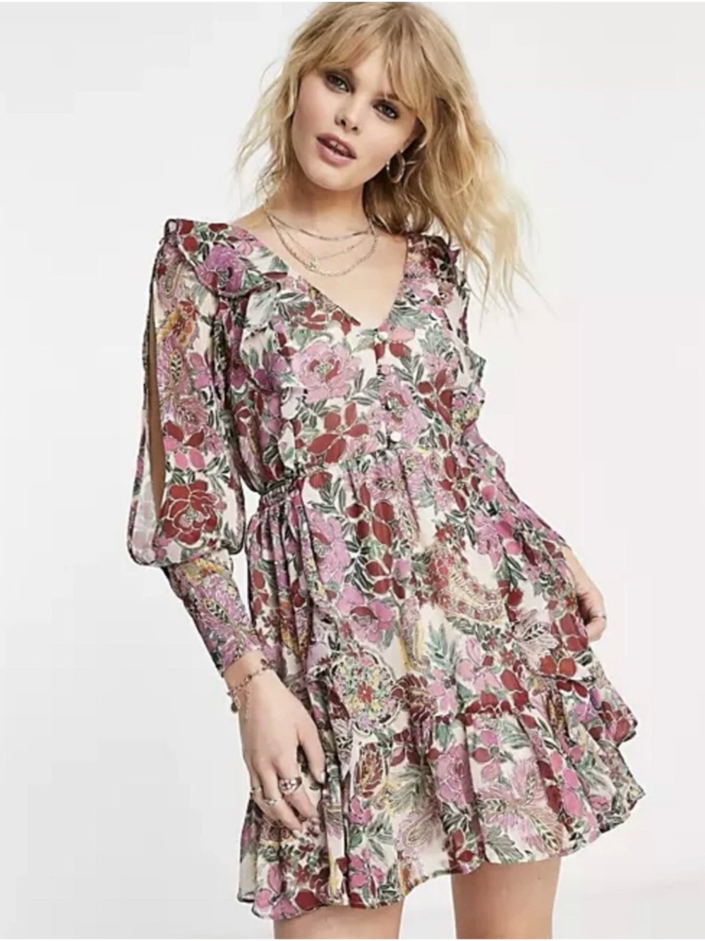 Topshop Pink Floral V-Neck Ruffle Mini Dress